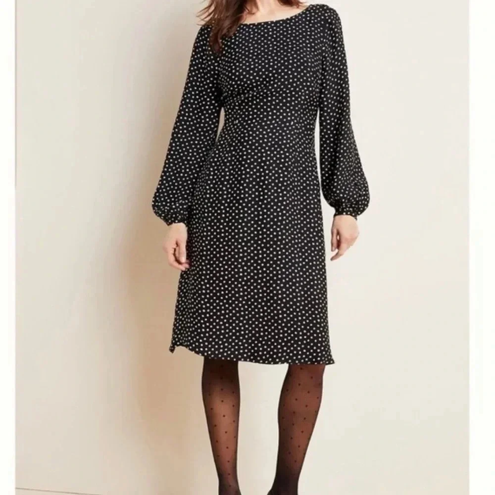 Anthropologie Black White Polka Dot Open Back Flowy Fit Flare Swing Dress